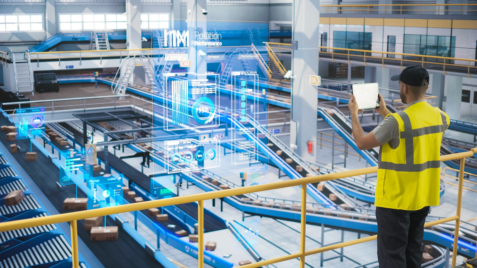 Male in a High Visibility Vest Using Tablet with Augmented Reality App. Worker Monitoring Efficiency in a Logistics Center with Automated Belt Conveyors for Sorting Retail Orders. VFX Visualization